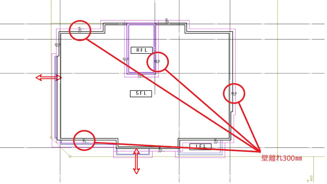 くさび式足場の平面図における壁離れ300mmの基準寸法