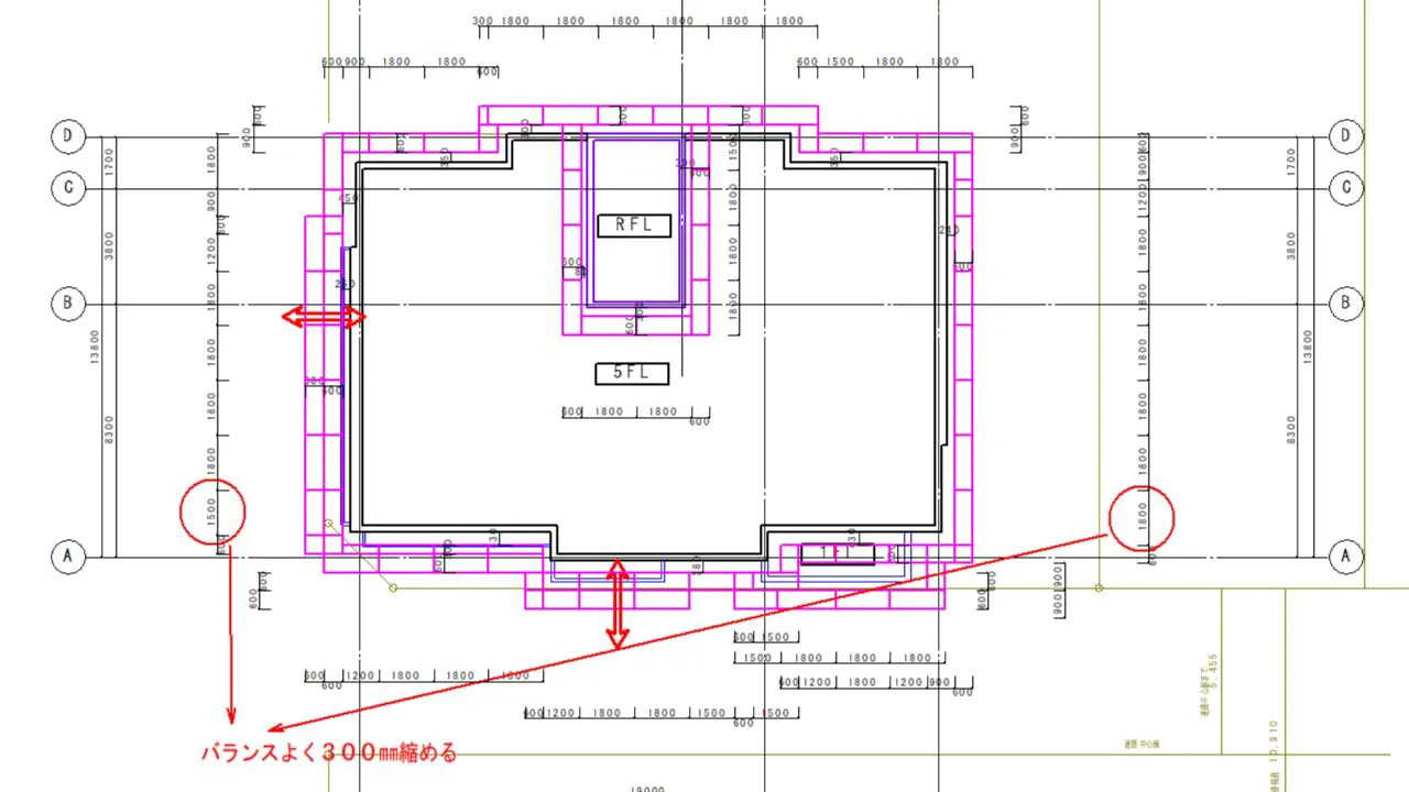 くさび式足場の平面図で壁離れを最終確定した配置例