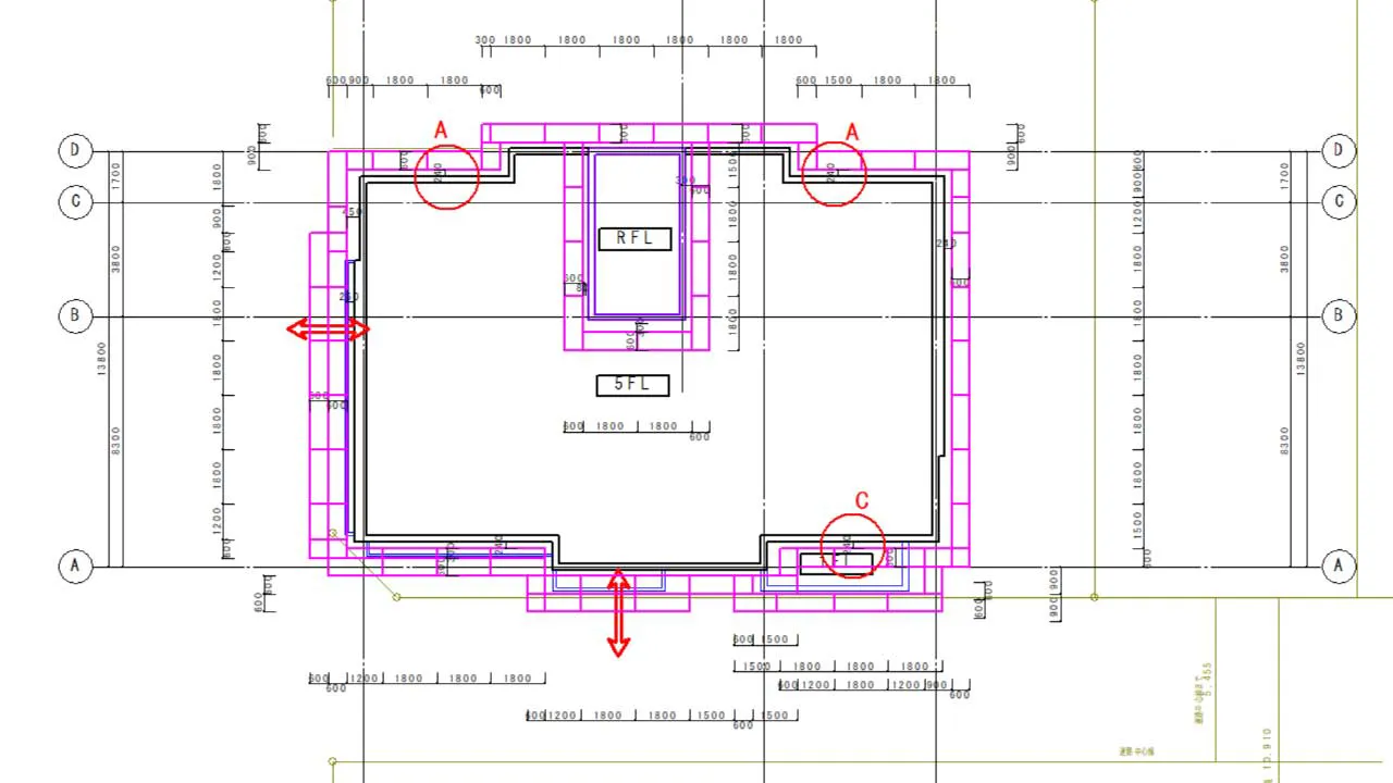 くさび式足場の平面図で壁離れ調整が完了した最終配置図