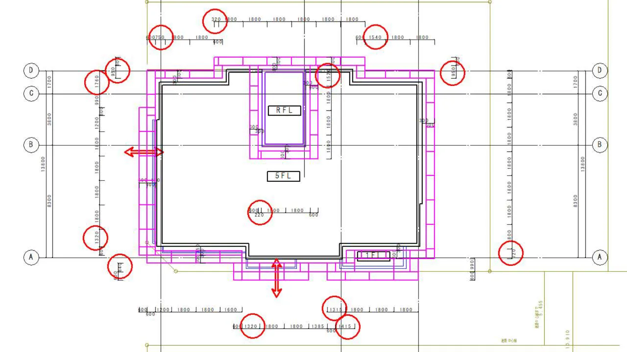 くさび式足場の平面図でスパン割りを行った配置検討例