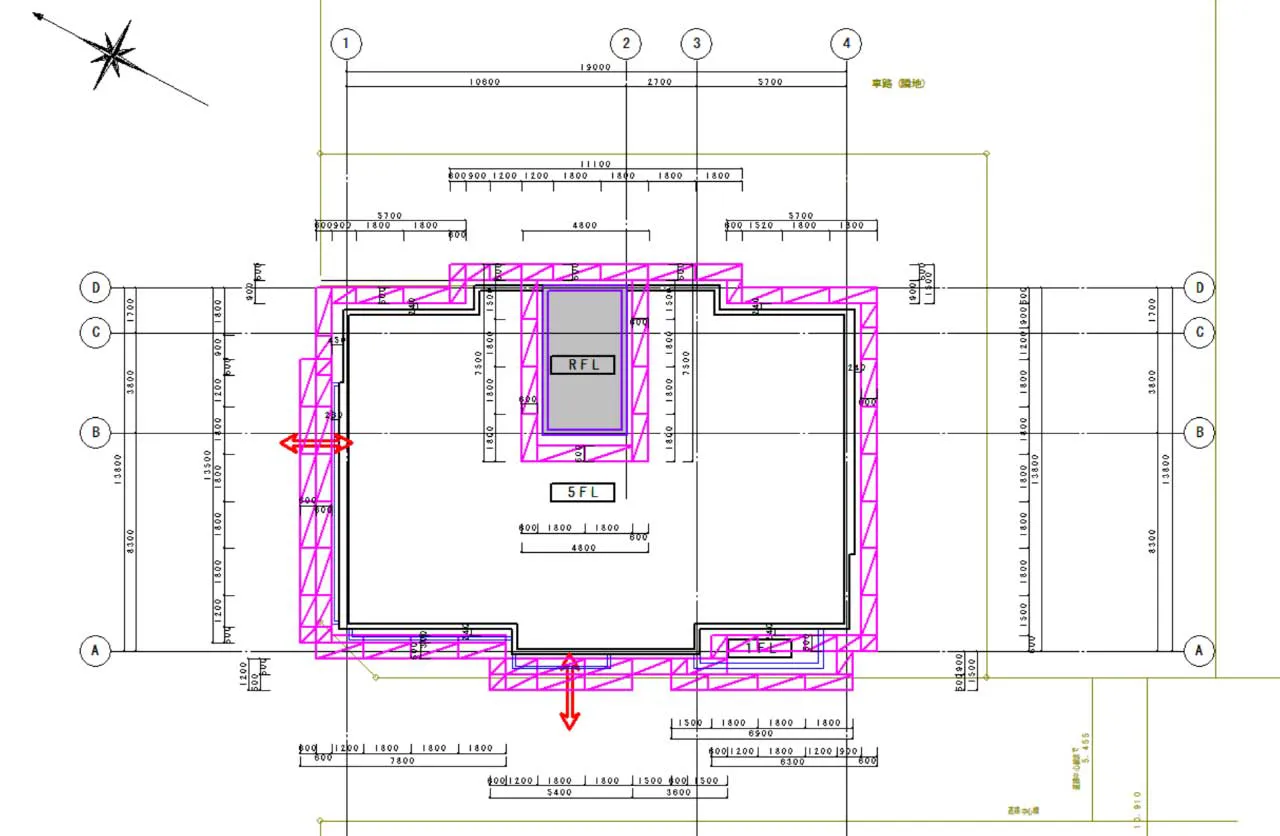 くさび式足場の平面図で暫定的な足場割り付けが完了した配置例