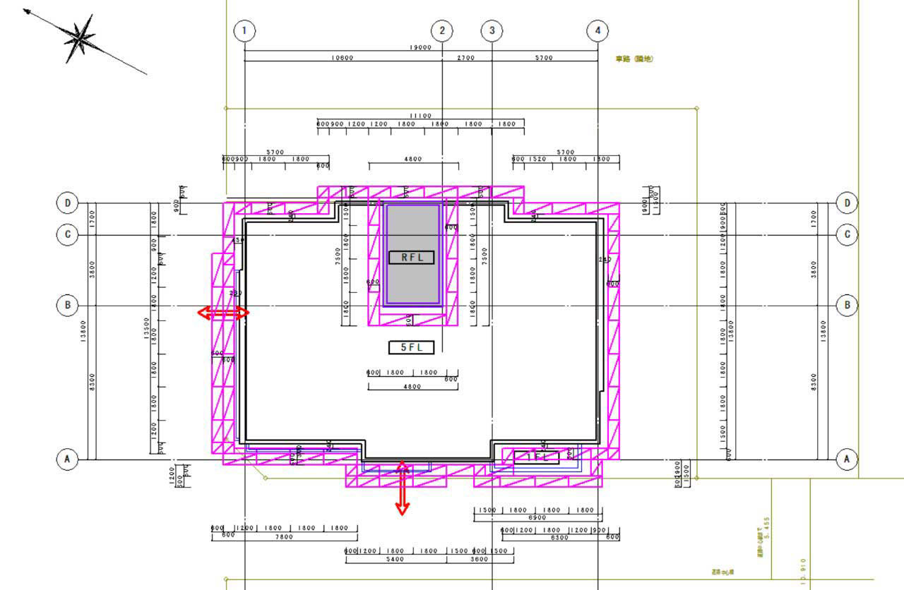 くさび式足場の平面図で優先区間を基準に割り付けを完了した配置例