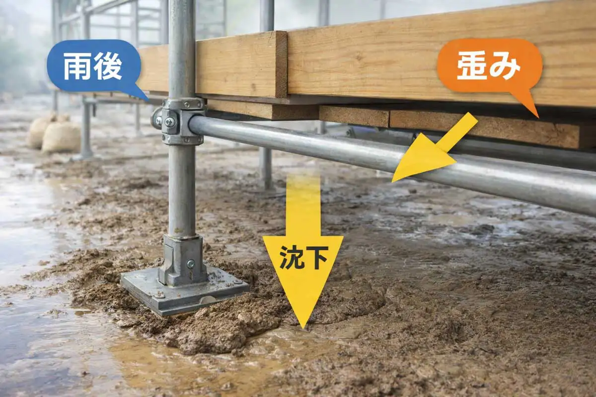 雨後に地盤が軟化し、足場の支柱が沈下して水平材に歪みが生じている状態を示した写真