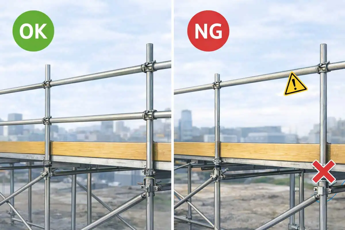 足場の手すりに中さんと幅木が設置されているOK例と、中さんが無く固定不良となっているNG例を比較した画像