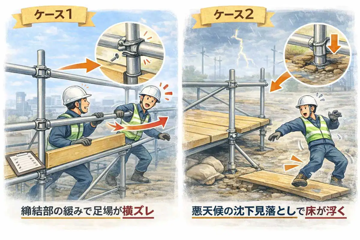 足場の締結部の緩みによる横ズレと、悪天候後の地盤沈下見落としによる床の浮きを示したヒヤリ事例の図解