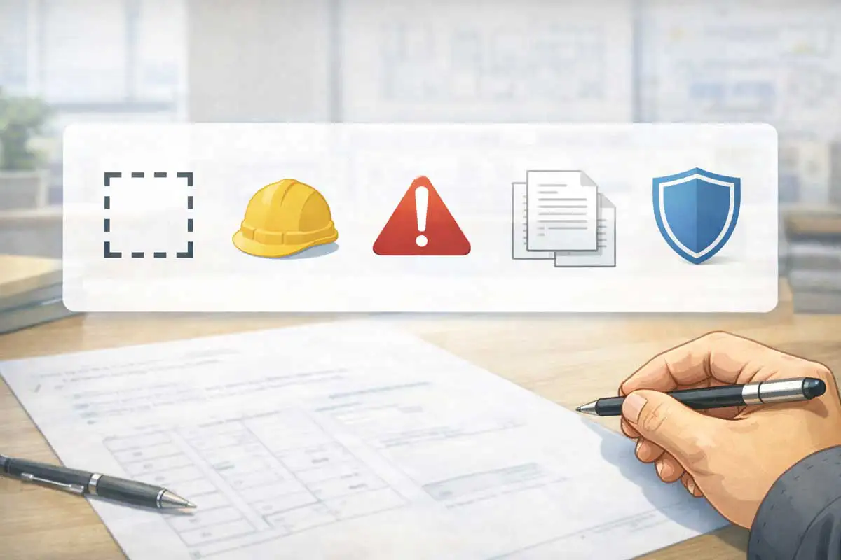 足場工事の契約前に確認すべき範囲・安全対策費・追加条件・見積と契約の一致・保険を示したチェックイメージ