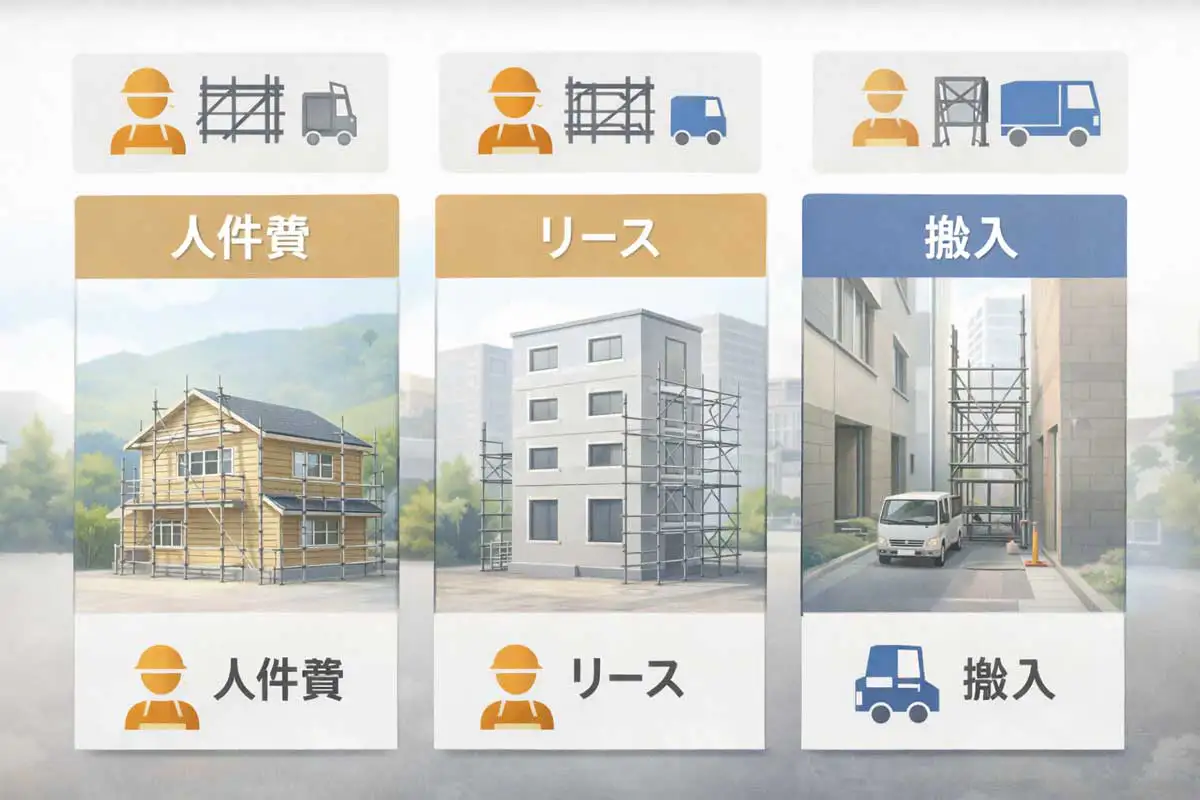 同じ足場面積でも、建物構造や立地条件によって人件費・リース費・搬入費が異なることを示した比較イメージ