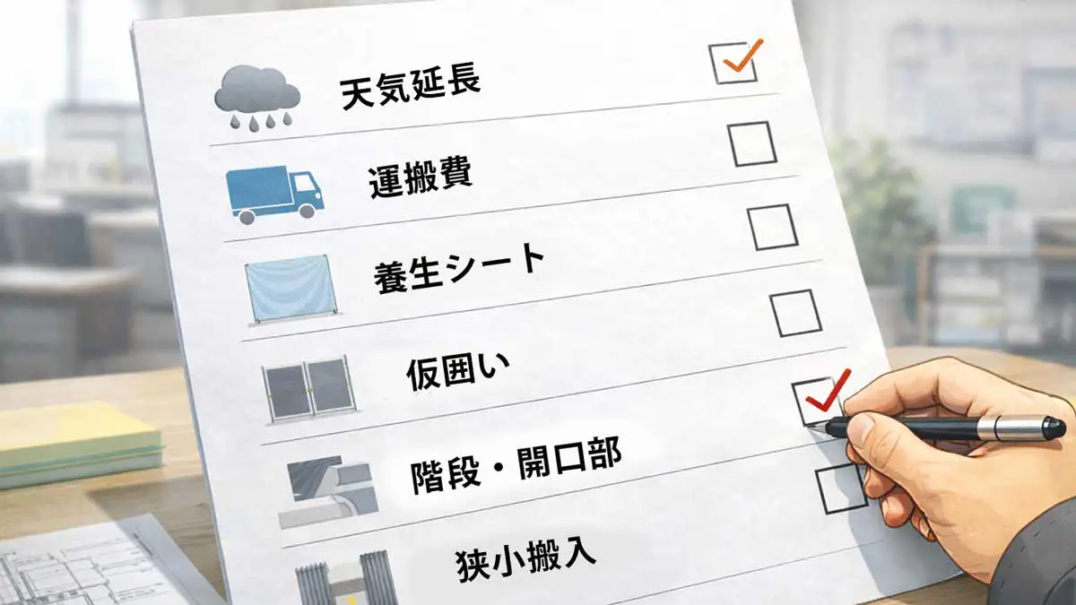 足場工事の見積で抜けやすい費用項目を、チェックリスト形式で確認している現場監督の様子