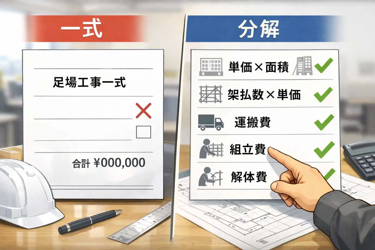 足場工事の見積で「一式」と内訳分解を比較し、数量や単価の根拠が明確な見積を確認する様子