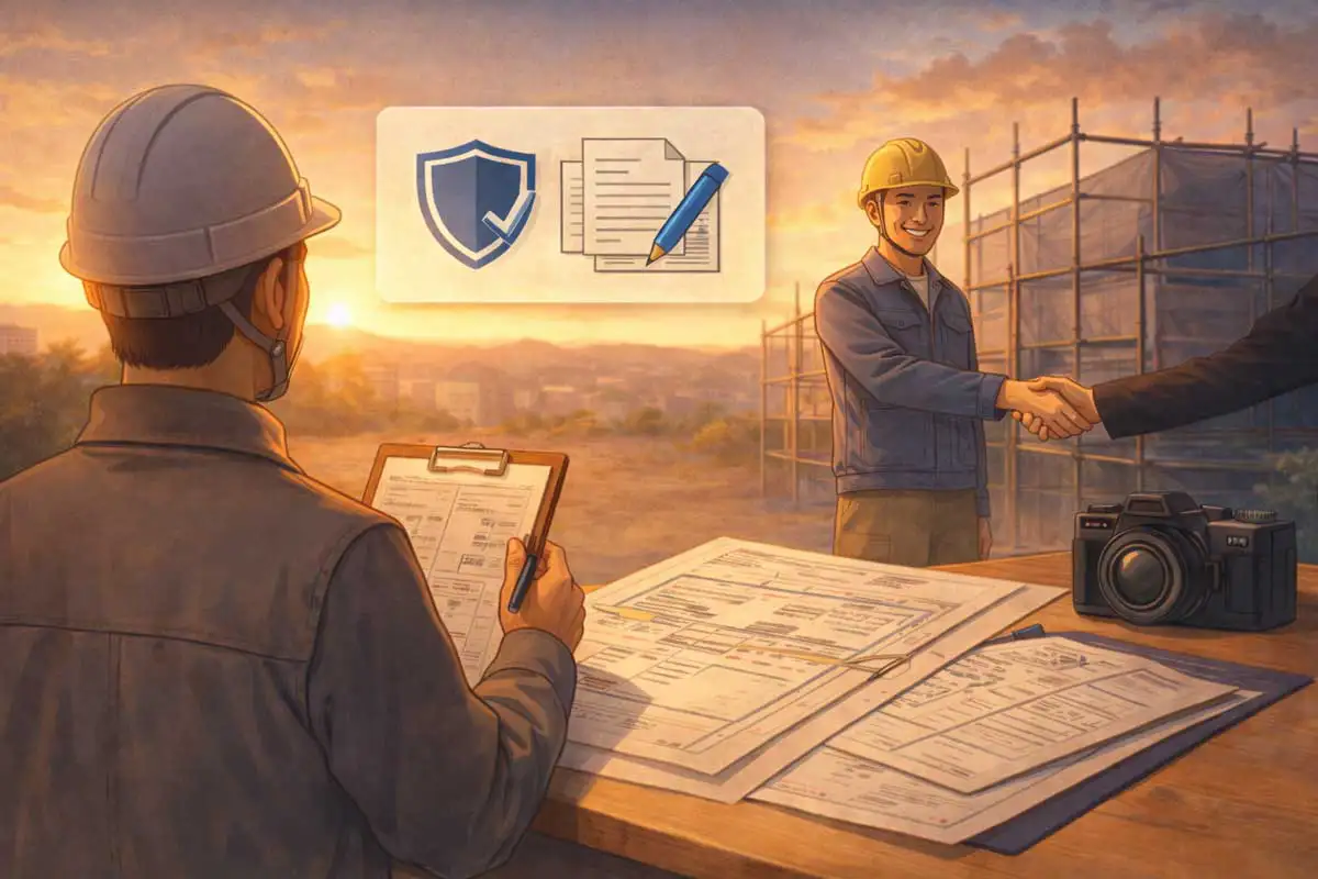 夕方の足場現場で、見積書と図面を確認しながら関係者と握手を交わし、信頼と安心を築く現場監督の様子