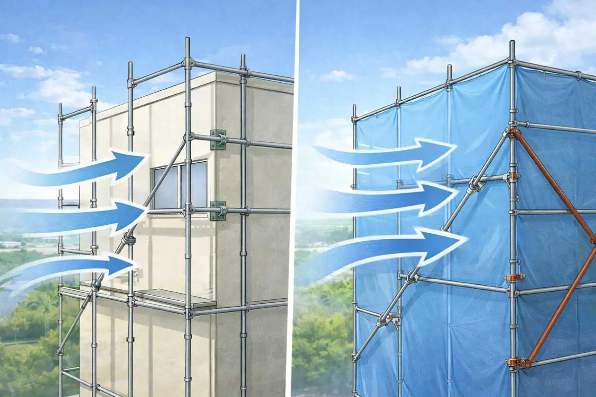 足場に養生シートを張った場合と張らない場合で、風圧の違いと壁つなぎ・控え材の強化が必要になる様子