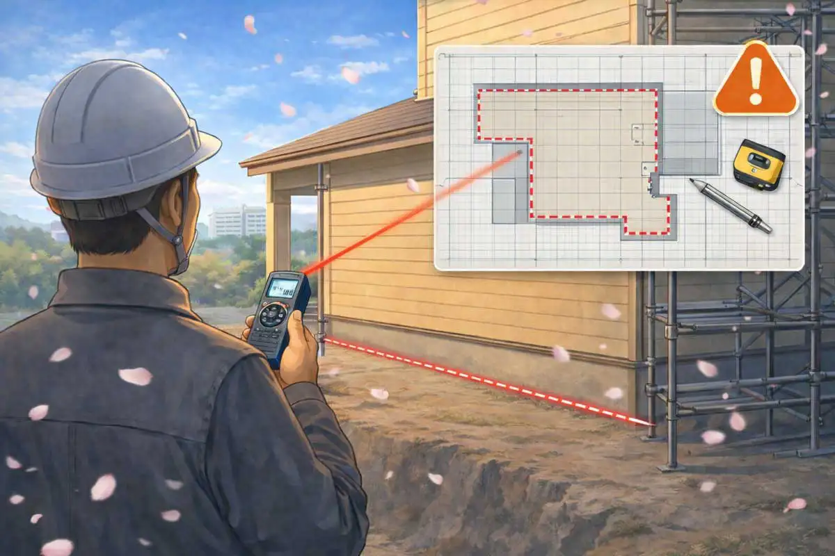 足場工事の現地確認でレーザー距離計を使い、建物外周と張り出し部分を正確に計測している現場監督の様子
