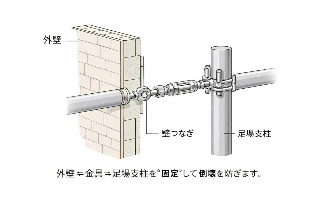 外壁と足場支柱を壁つなぎ金具で固定し、足場の倒壊を防ぐ基本構造を示した図解