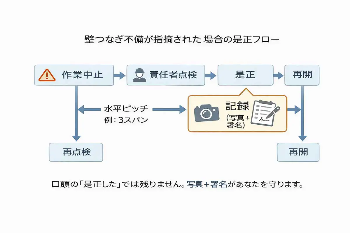 壁つなぎ不備が指摘された場合の作業中止から是正・記録・再開までの流れを示したフロー図