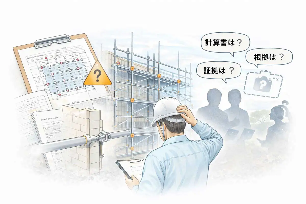 壁つなぎの計算書や施工記録がなく、現場監督が説明に困っている状況を示したイラスト