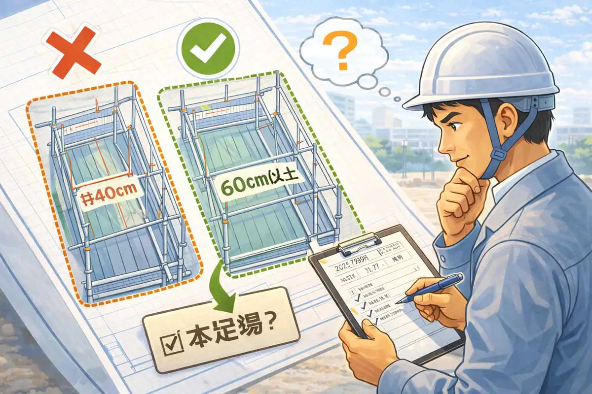 本足場として成立しているかを確認するため、作業床幅の違いを図面上で比較・検討している足場設計者のイラスト