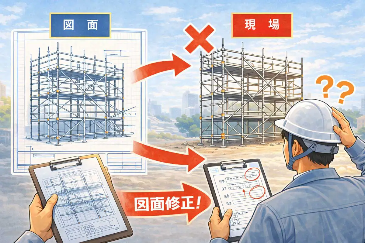 足場図面では本足場だが、現場では一部簡略化され構成が一致していないため是正対象となる状況を示したイラスト