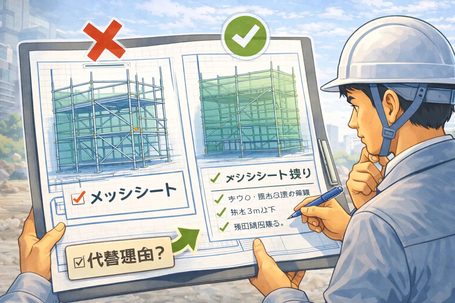 メッシュシートを墜落防止の代替措置として採用する際に、図面上で理由と条件を確認している現場監督のイラスト