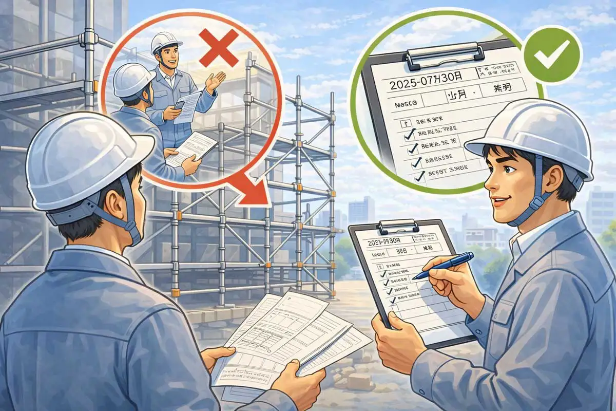 足場の点検状況を確認し、チェックリストに点検記録を残している現場監督と作業員の様子。口頭確認ではなく記録を重視した足場点検の重要性を示している。