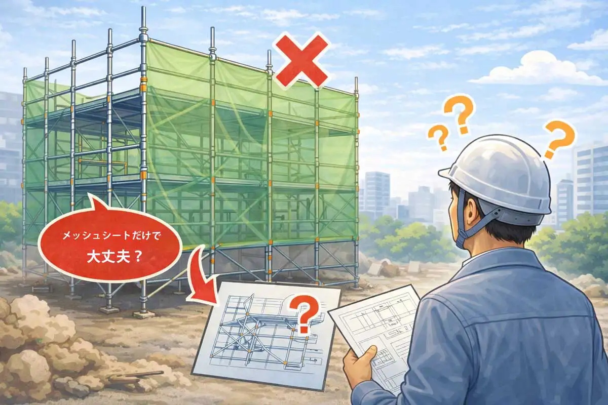 メッシュシートのみで手すりや幅木を省略した足場を確認し、図面との違いに疑問を持つ現場監督のイラスト