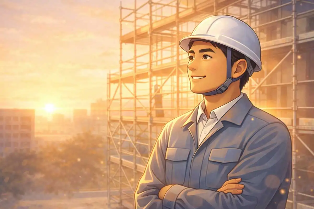 足場の建設現場を背景に、仕事をやり遂げた達成感を感じながら立つ現場責任者の様子