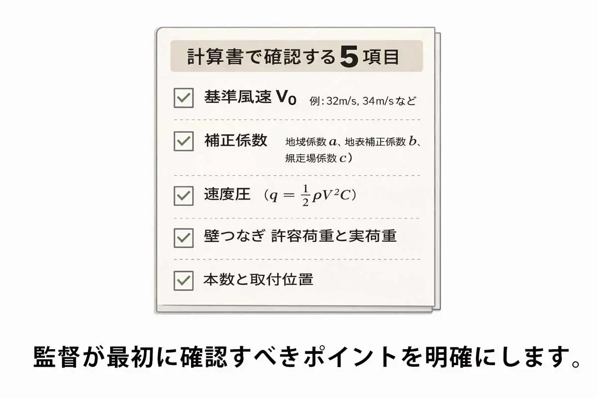 壁つなぎの構造計算書で監督が最初に確認すべき5項目をまとめたチェックリスト図