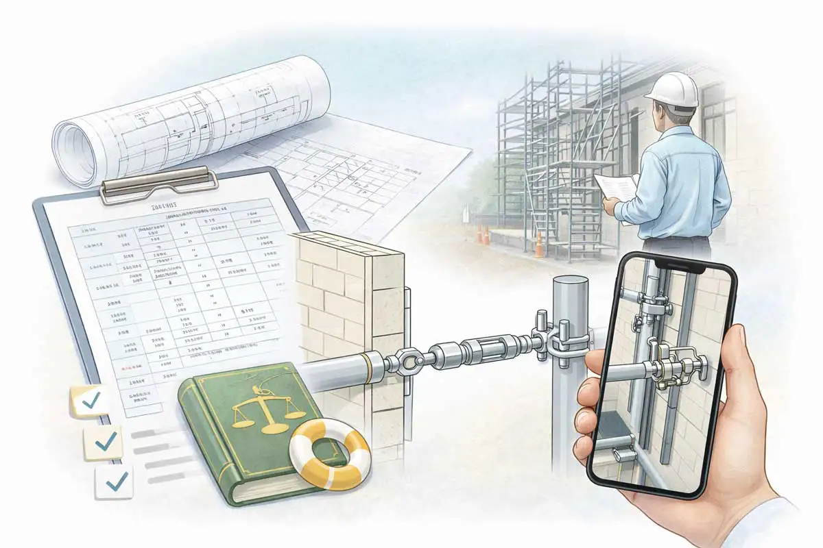 壁つなぎの安全確認に必要な計算書・図面・現場写真の3点を示したまとめ用イメージ