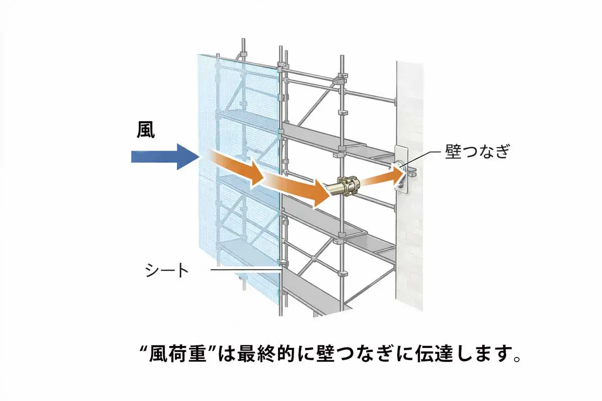 足場のシートに作用した風荷重が壁つなぎを通じて建物に伝達される流れを示した図解