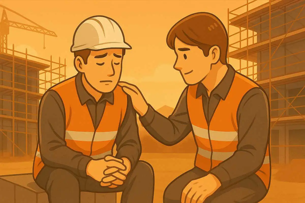 「現場で落ち込む作業員の肩に手を置き、励ます男性作業員。夕暮れの工事現場で温かい気持ちを表現したイラスト。」