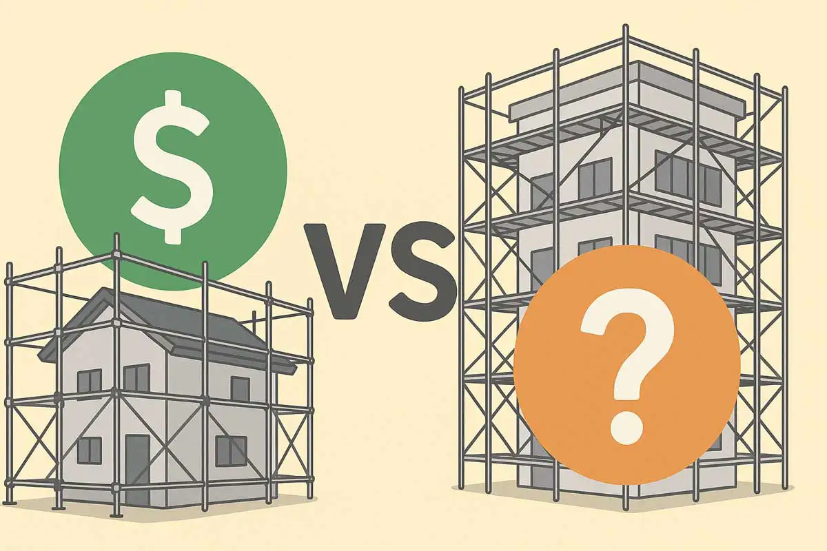 「戸建てのクサビ足場と中高層の枠組足場を比較し、コストや条件によって選択が変わることを示したイメージ図」