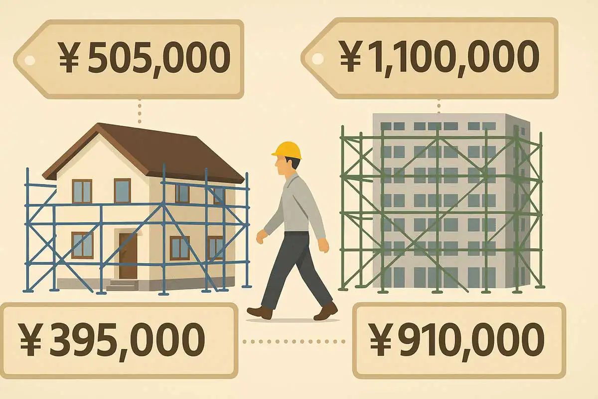 「戸建て住宅と中層ビルに組まれた足場の価格イメージ。クサビ足場と枠組足場の概算コストを比較した図。」