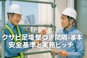 クサビ足場の壁つなぎ位置を確認する現場監督と作業者。壁つなぎ間隔の基本や安全基準を説明している場面の画像。