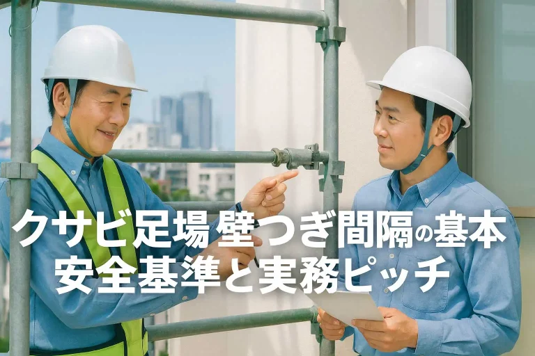 クサビ足場の壁つなぎ位置を確認する現場監督と作業者。壁つなぎ間隔の基本や安全基準を説明している場面の画像。