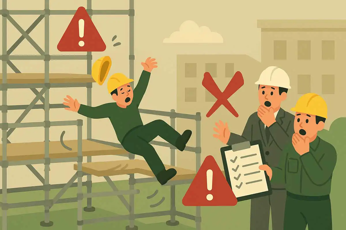 点検記録がないまま手すりが外れた作業床から作業員が墜落し、監督署の調査が入る状況を示したイラスト。クサビ足場の点検不備による典型的な事故例。
