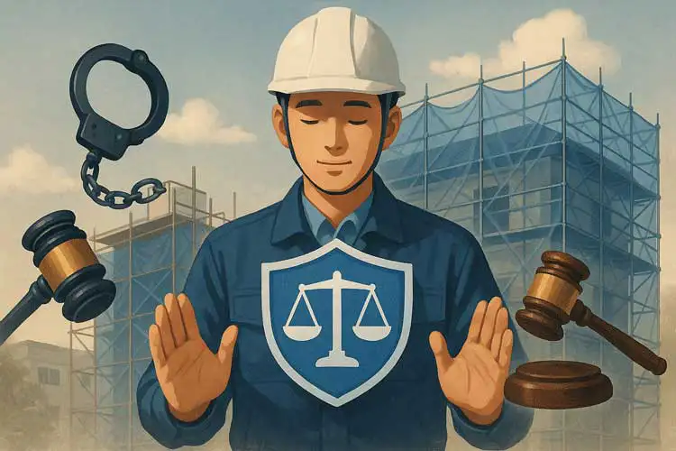 クサビ足場の法令違反によって行政・民事・刑事の3つの責任が発生することを表現した作業員のイラスト