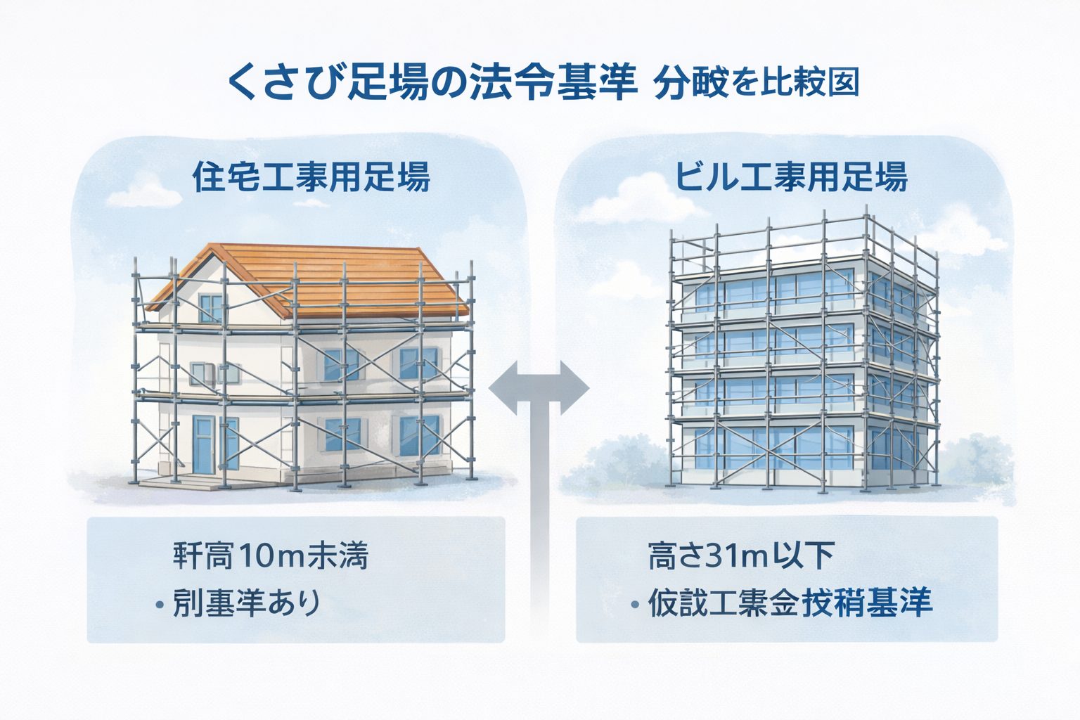 くさび足場における住宅工事用足場とビル工事用足場の法令基準の違いを、高さ10m未満と31m以下で比較した図解
