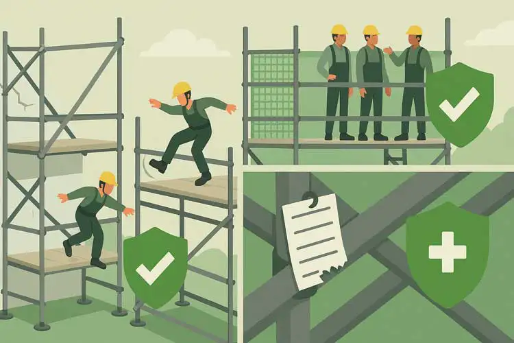 足場上の作業員の動作や安全確認、点検票を描いたイラスト|クサビ足場の違反パターンとチェックポイント