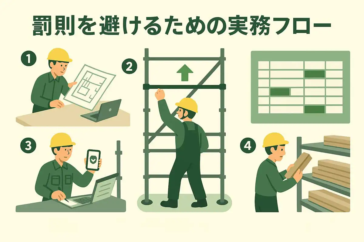 クサビ足場の安全管理4ステップを図解したイラスト。計画・組立・使用中点検・解体の流れをわかりやすく示している。