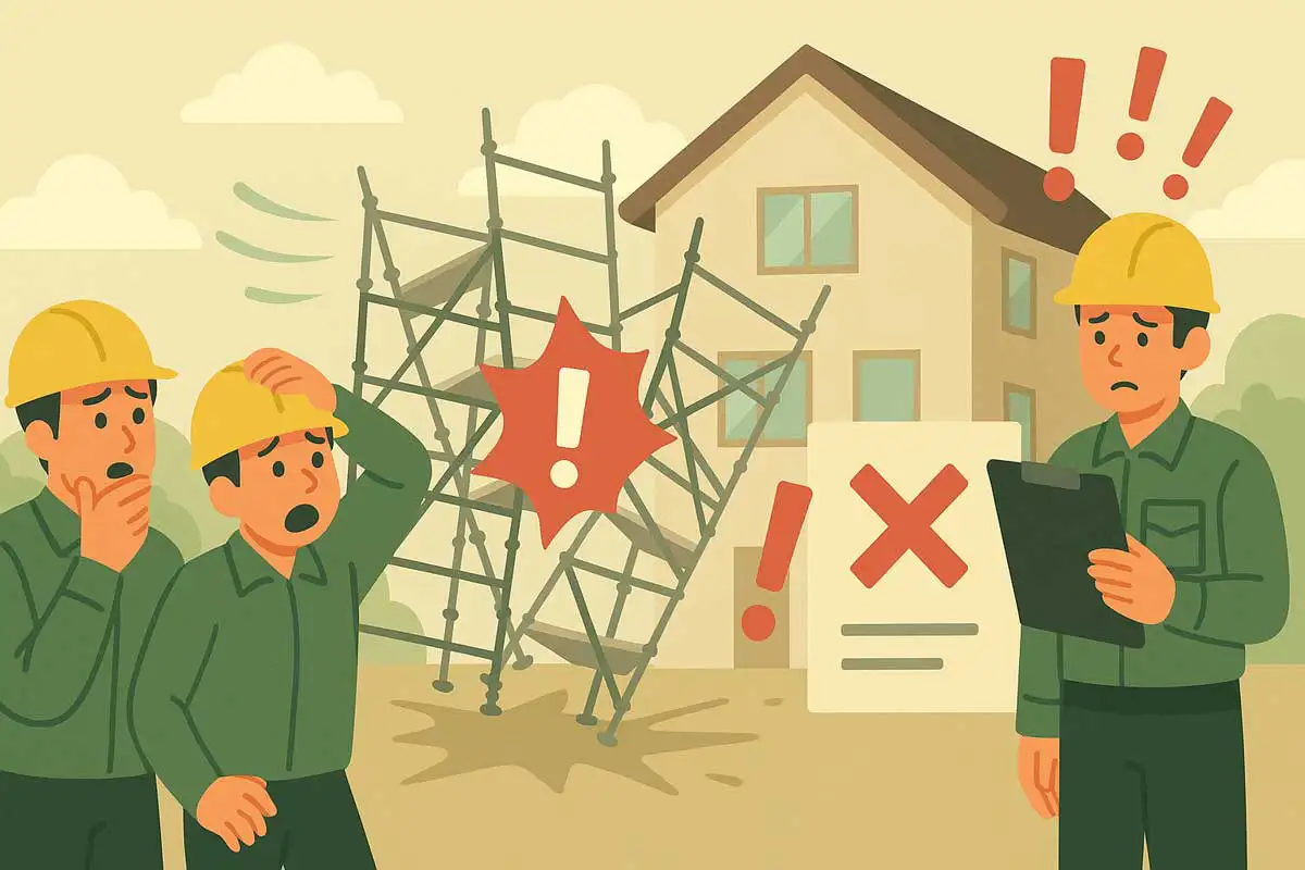 壁つなぎが不足したクサビ足場が強風で不安定になり、現場監督が指導を受けている状況を示したイラスト。図面と実際の施工が異なるリスクを表現。