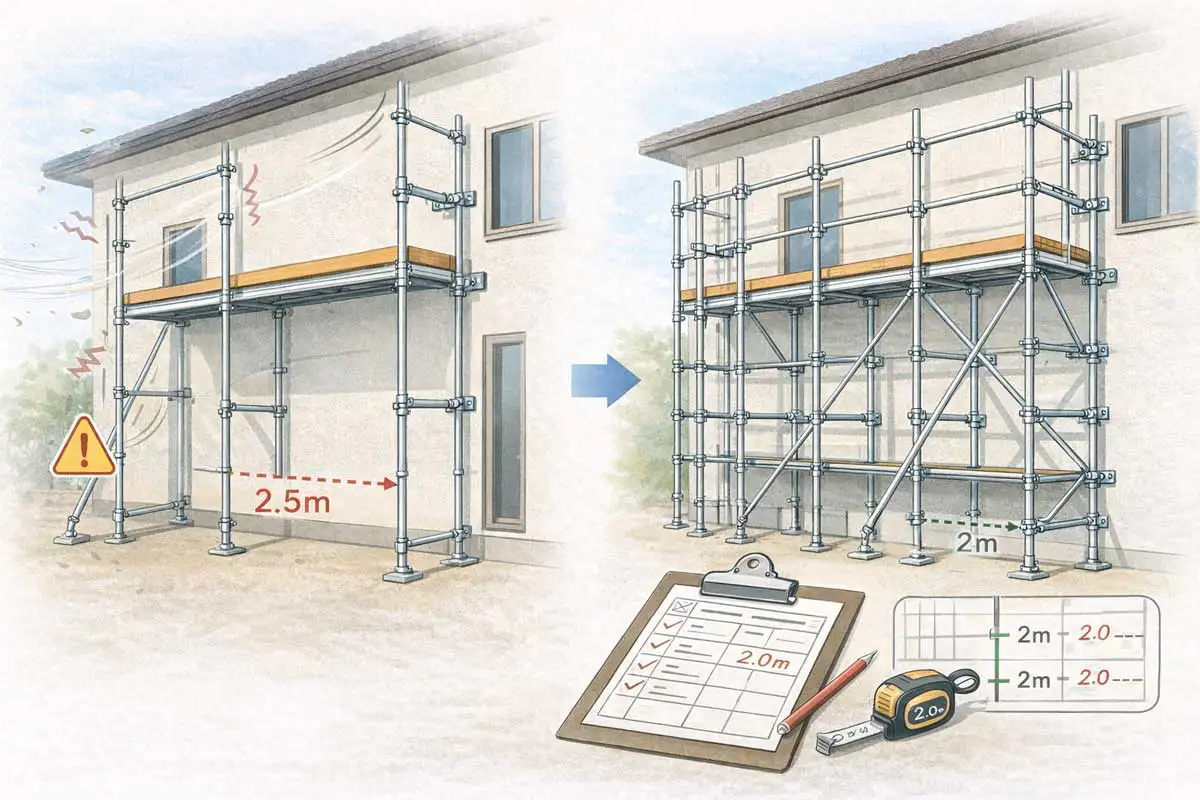 単管ブラケット足場で支柱間隔が広がり不安定になった状態と、支柱増設と斜材追加で改善した状態を比較した図解