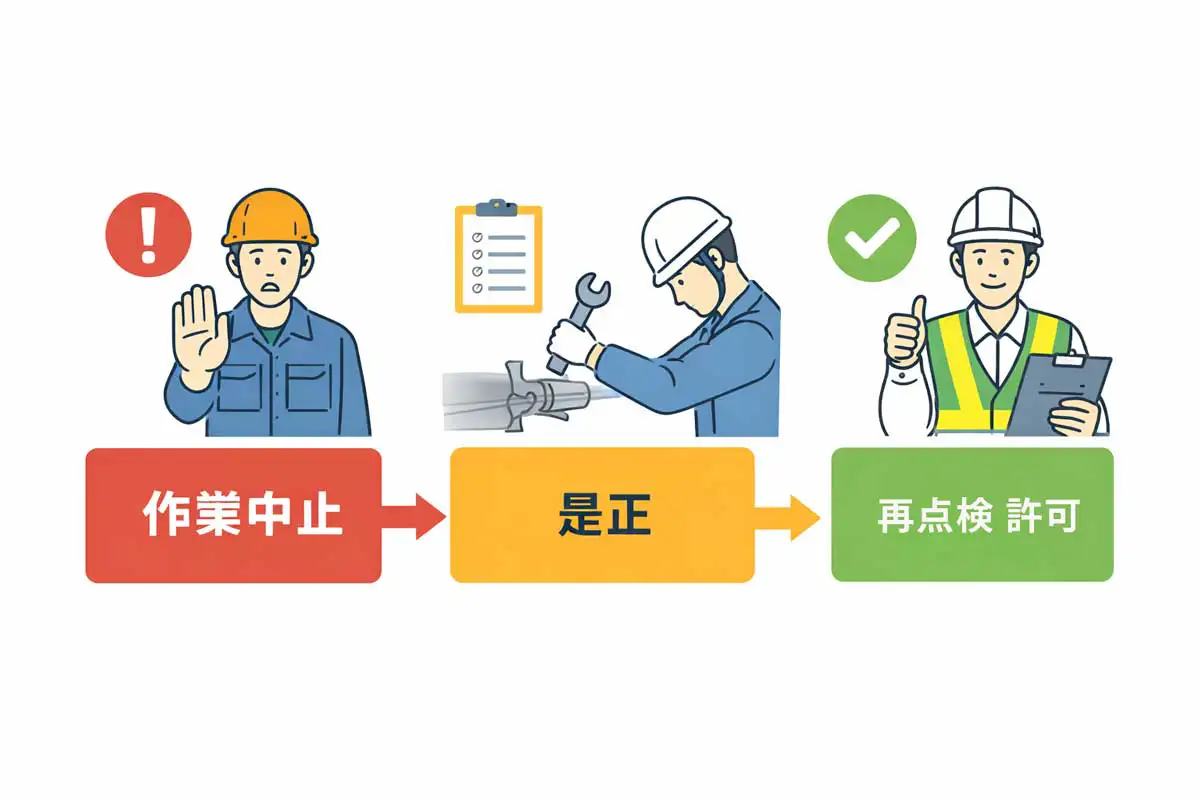 足場点検で不備が見つかった際の是正フローを示した図で、作業中止から是正、記録、再点検、再開までの流れを表している