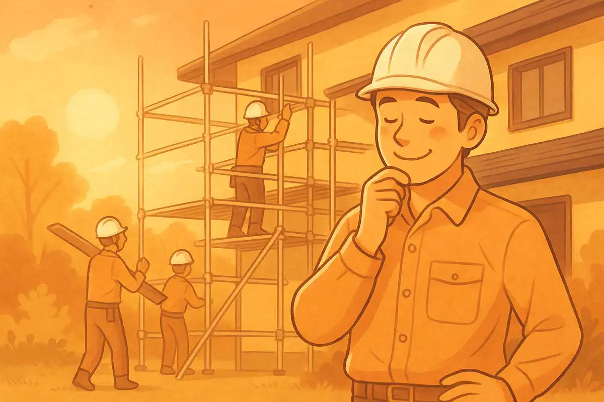 夕方の現場で監督が職人の作業を見守りながら安心した表情を浮かべている温かい雰囲気のイラスト。安全な足場と気持ち良い現場環境を象徴。