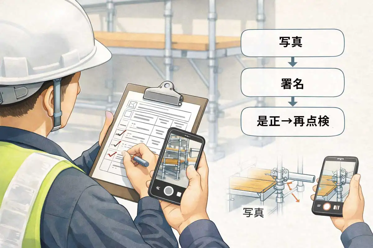現場監督が足場点検表にチェックを入れ、スマートフォンで写真を撮影し署名まで行う点検記録の流れ