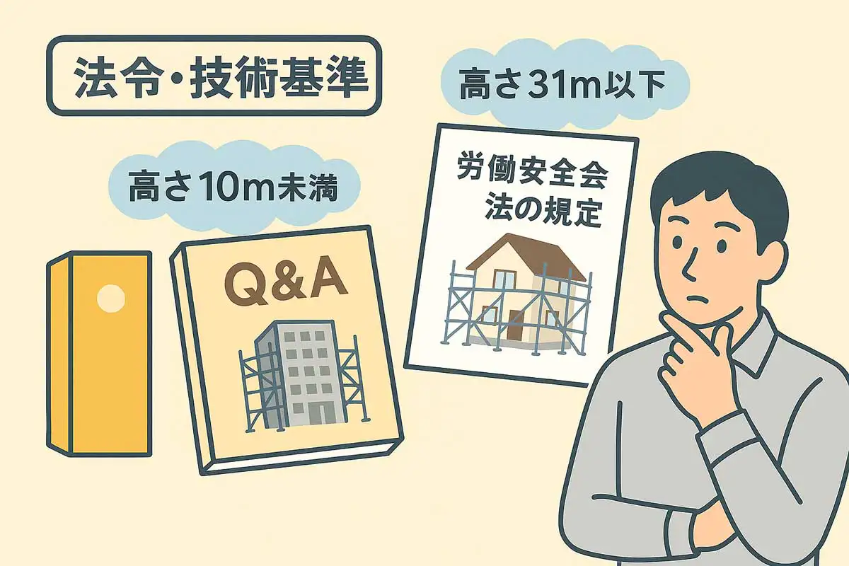 足場の法令・技術基準を考える作業員が、10m未満の住宅用基準と31m以下のビル用基準の資料を比較しているイラスト