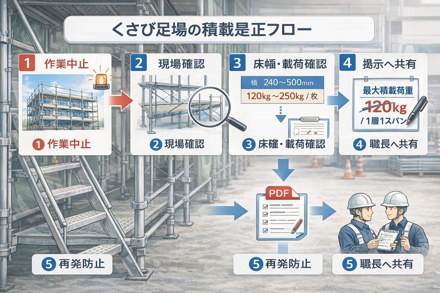 くさび足場で積載オーバーが疑われた際の是正手順を、作業中止から確認・共有・再発防止まで示したフロー図