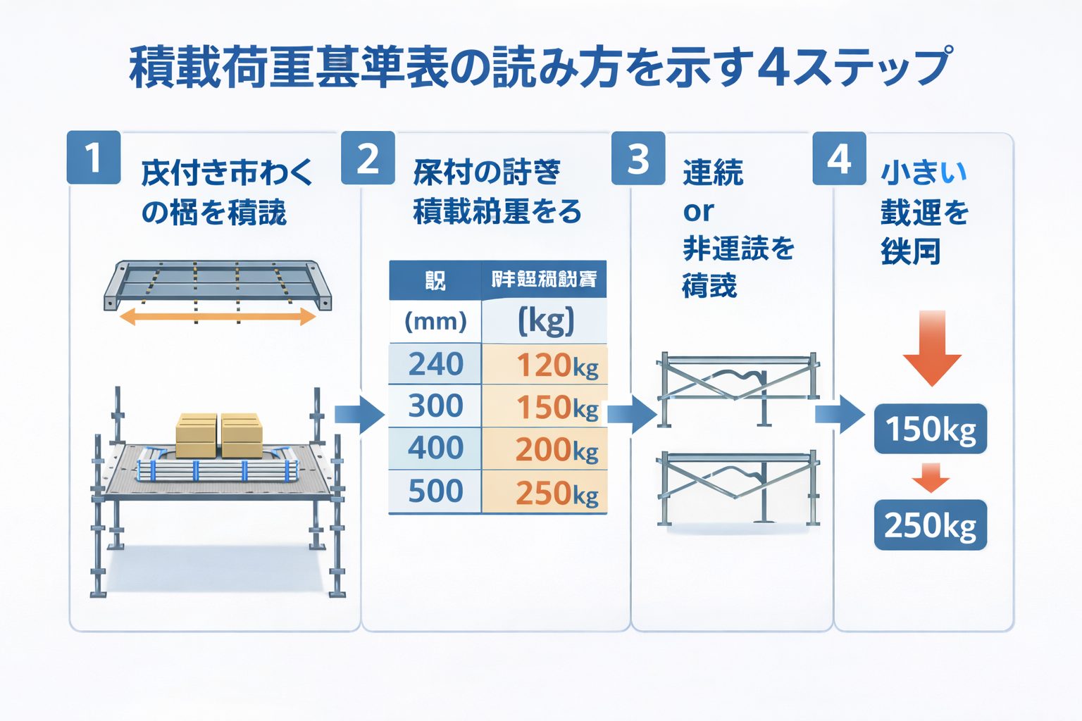 くさび緊結式足場の積載荷重基準表について、床付き布わくの幅確認から連続・非連続判定、最小値採用までの読み方を4ステップで示した図解