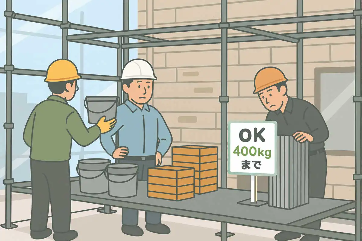 外壁改修現場で複数業者が同じスパンに資材を置き始め、くさび足場の作業床に資材が集中して積まれている様子を示すイラスト。