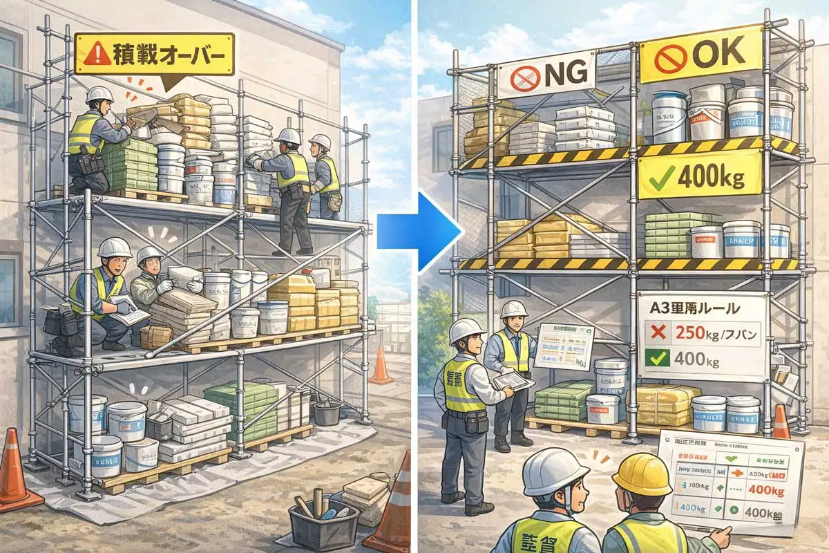 外壁改修現場でくさび足場に資材を集中置きした結果、過積載となり是正と再発防止ルールを導入した事例の図解