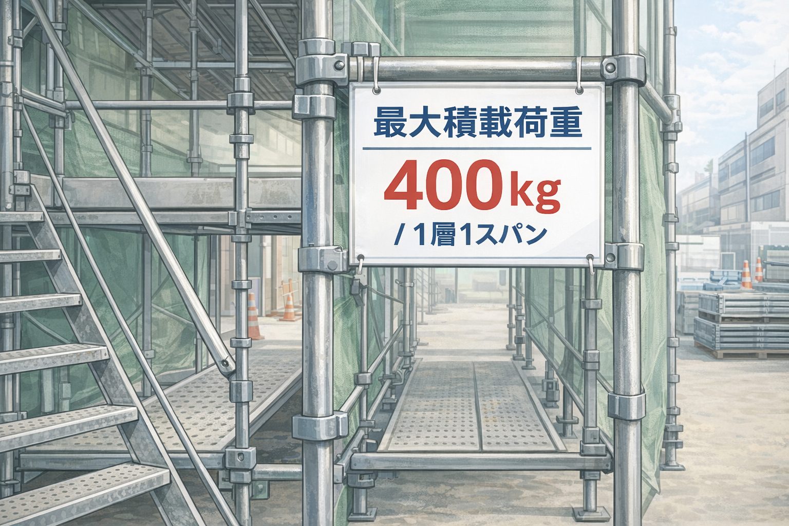 くさび足場に最大積載荷重400kgと1層1スパンあたりの載荷条件を明示した現場用表示例の図解