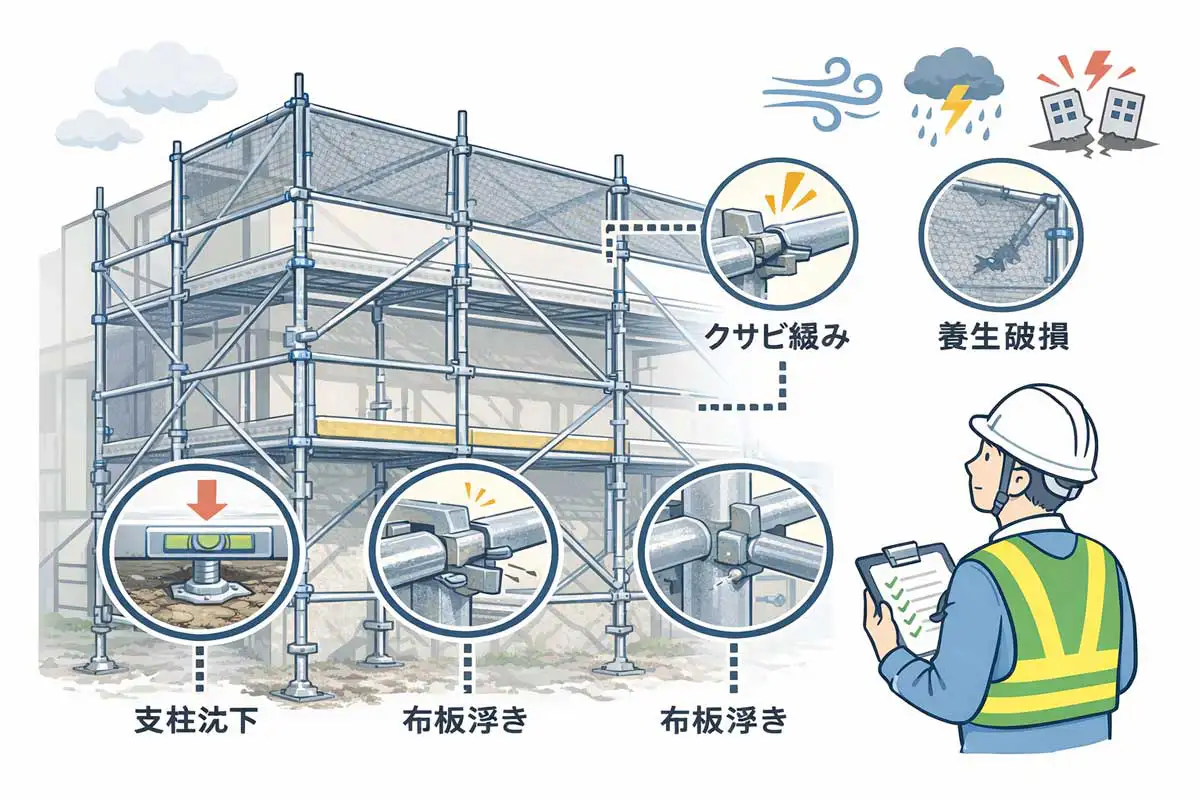 悪天候後に行う足場点検のチェック箇所を示した図で、支柱沈下、布板浮き、クサビ緩み、養生破損などを確認している様子